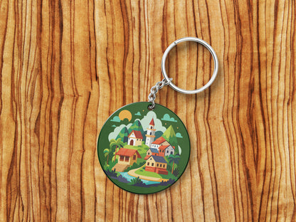 A Cartoon Illustration of a Fantasy Landscape with a Waterfall a Castle and a Mountain Printed Round Circle Shape Wooden Keyring with Chain
