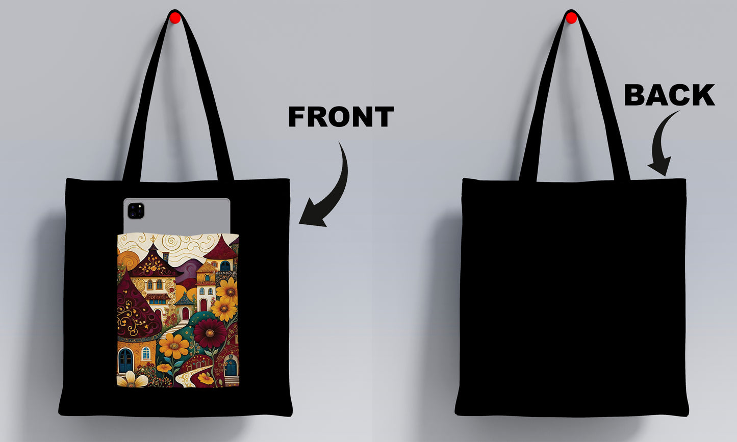 France city Art Design Printed Black Patch With Pocket Tote Bag (14 X 16 Inches) For Shopping, College, Travel