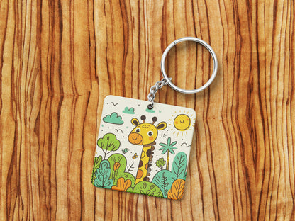 A cartoon drawing of giraffes and trees Printed Square Shape Wooden Keyring with Chain