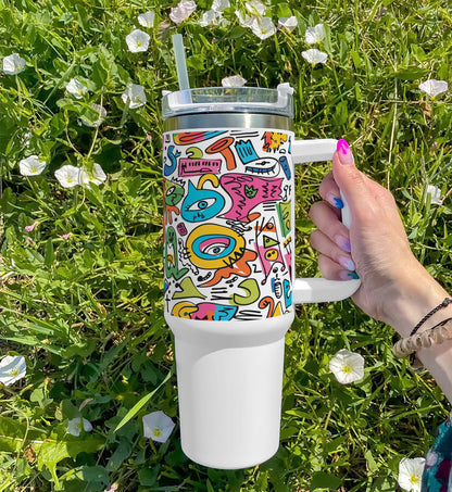 A colorful pattern Printed 850ML with Lid Leak Proof Big Travel Tumbler with Handle and Straw