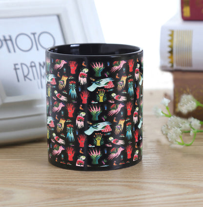 All Seeing Eye Pattern Design Full Black 330 ml Coffee Mug with Coaster