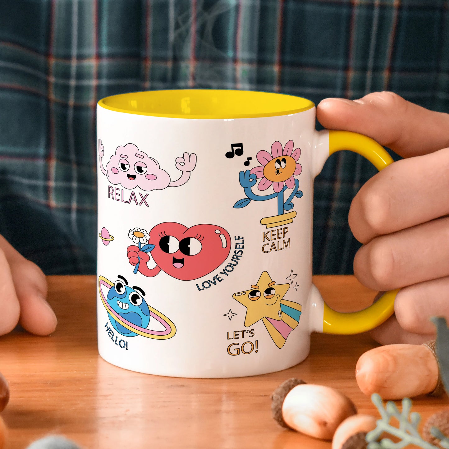 Hand drawn trendy cartoon badges design Yellow Handle 330 ml Coffee Mug