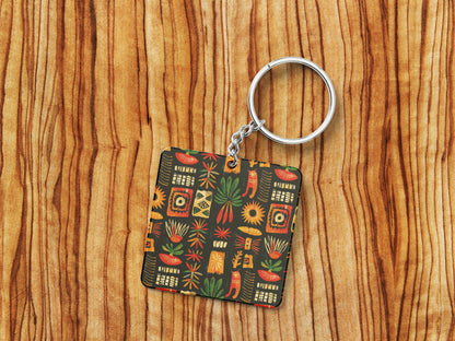African Tribal Pattern Printed 330 ml White Coffee Mug with Square Shape Wooden Keyring and Chain