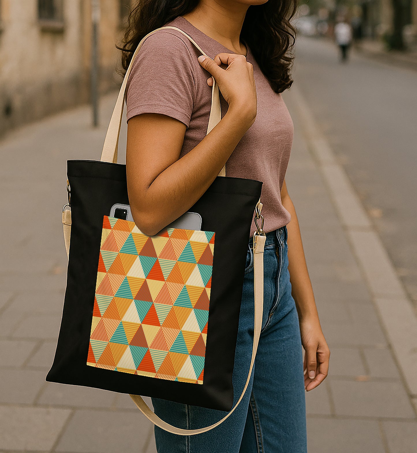 Abstract Triangle Women's Girls Cross Body Sling Bag with Extra Front Pocket, College Bag for Girls, Tote Bag for Shopping,Travel