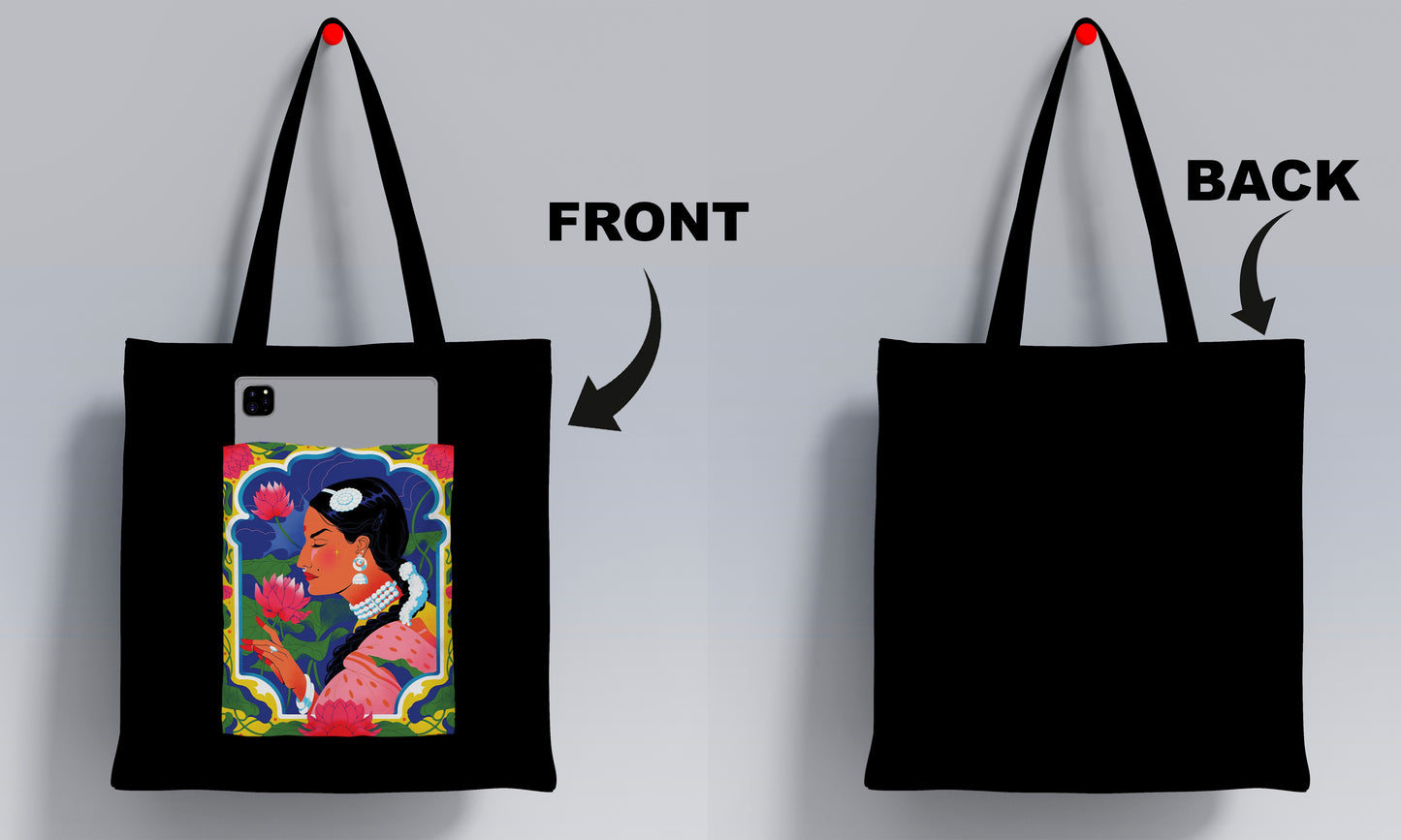 Beautiful woman illustration Design Printed Black Patch With Pocket Tote Bag (14 X 16 Inches) For Shopping, College, Travel