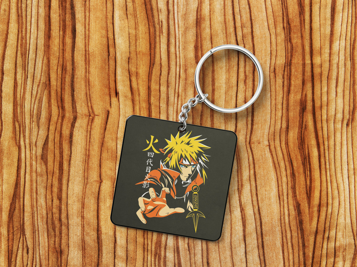 Namikaze Minato Yellow Flash design Printed Square Shape Wooden Keyring with Chain