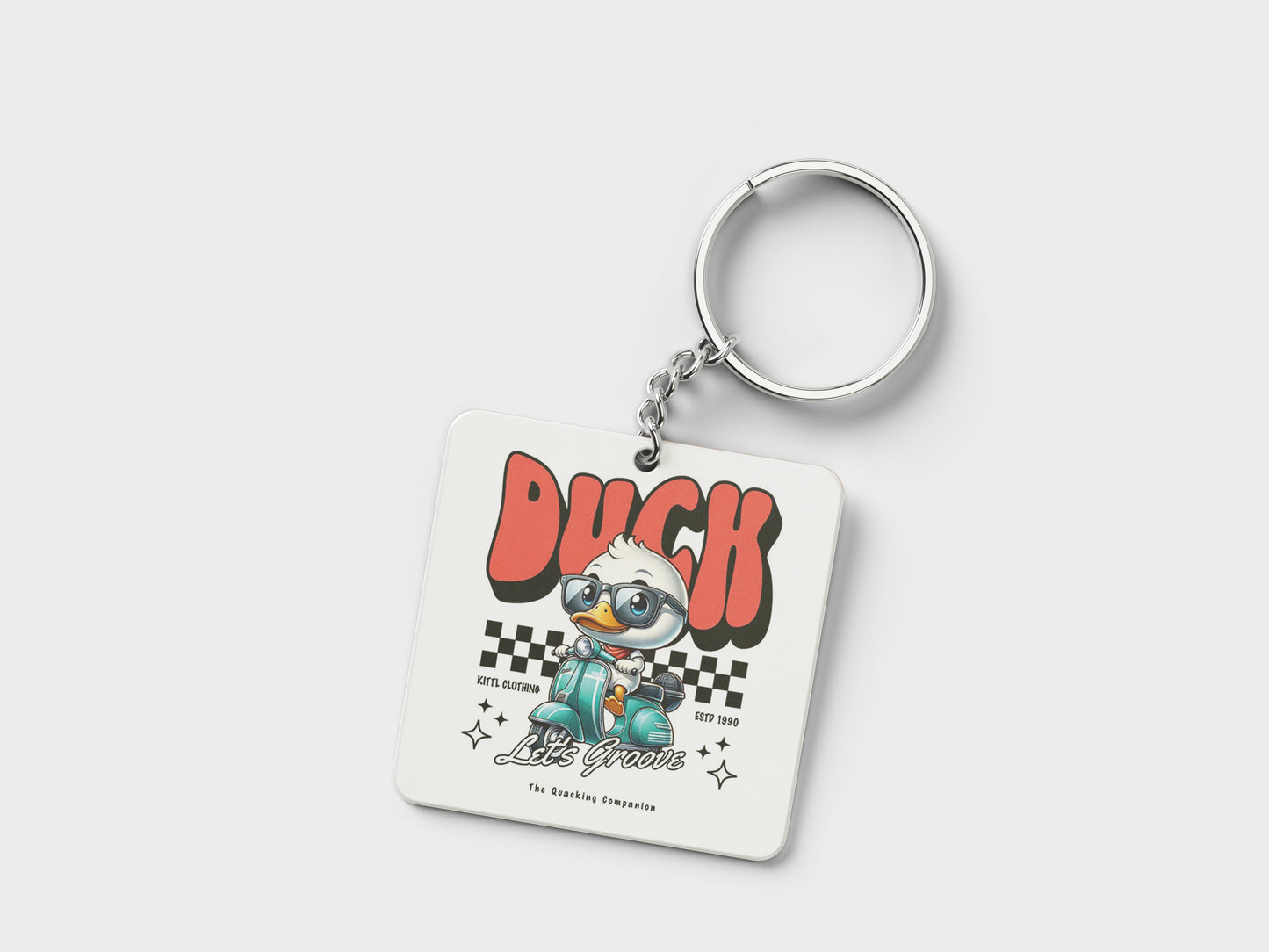 Duck - Lets Groove Design Printed Square Shape Wooden Keyring with Chain