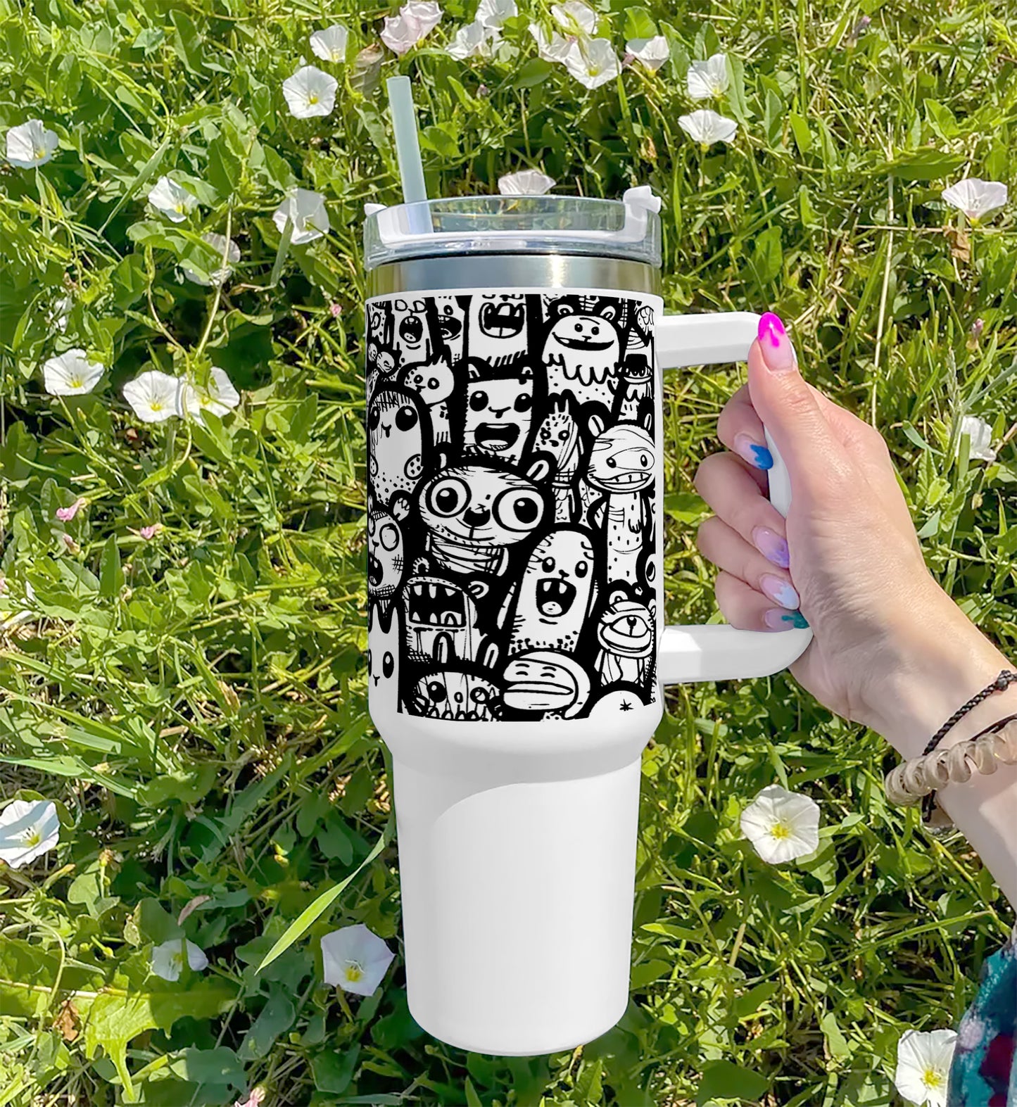 Complex Intricate Doodle Art Covering an Entire Page with Abstract and Whimsical Elements Printed 850ML with Lid Leak Proof  Big Travel Tumbler with Handle and Straw