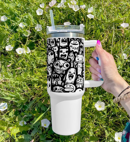 Complex Intricate Doodle Art Covering an Entire Page with Abstract and Whimsical Elements Printed 850ML with Lid Leak Proof  Big Travel Tumbler with Handle and Straw