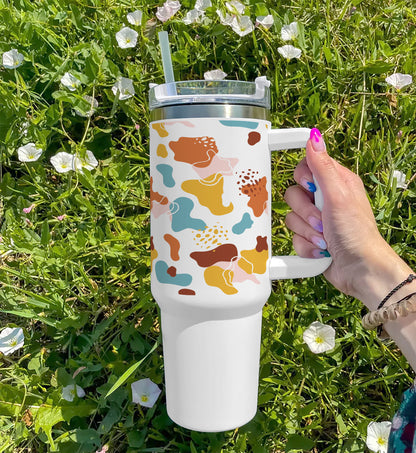 Hand drawn abstract doodle pattern design Printed 850ML with Lid Leak Proof Big Travel Tumbler with Handle and Straw
