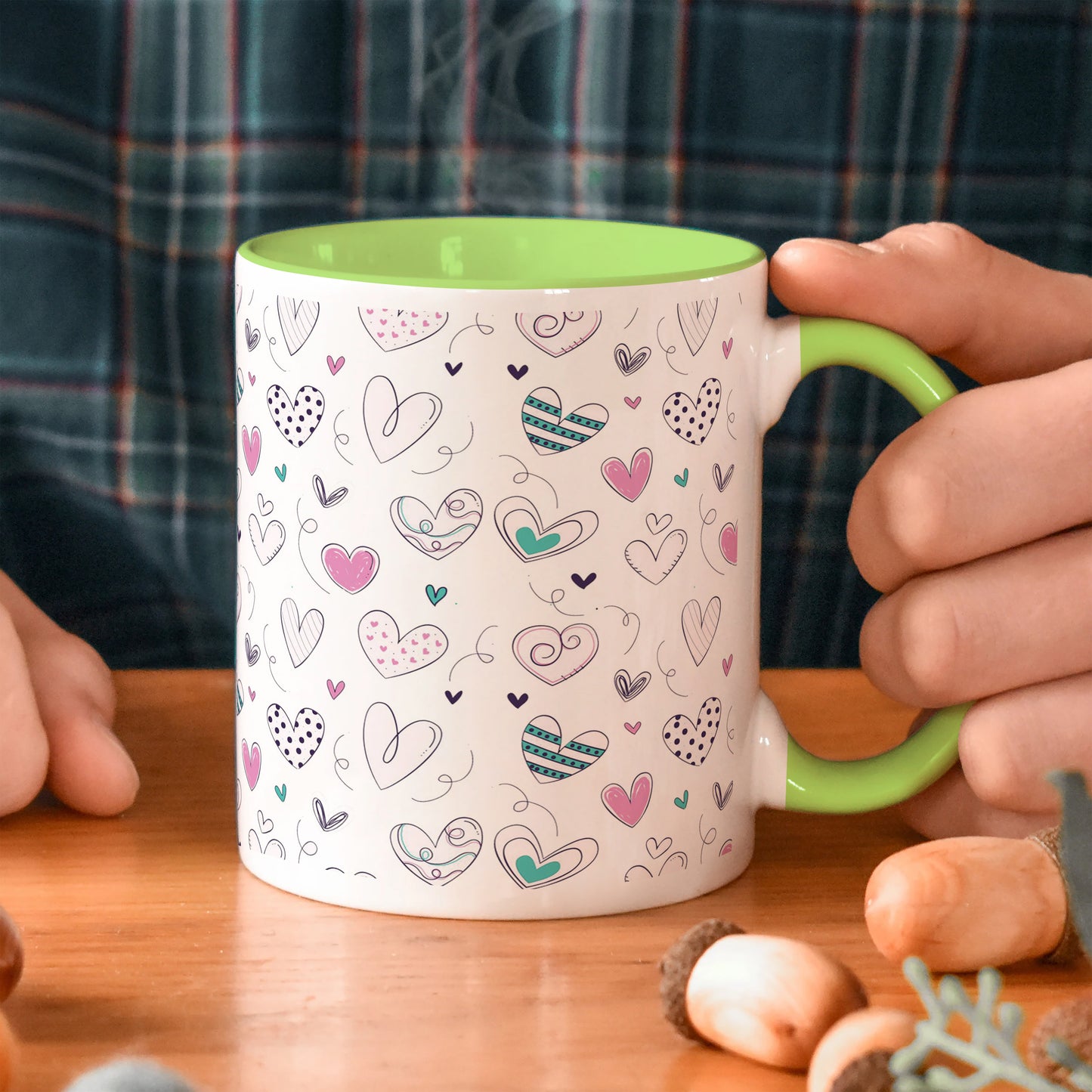 Pretty hearts pattern design Light Green Handle 330 ml Coffee Mug
