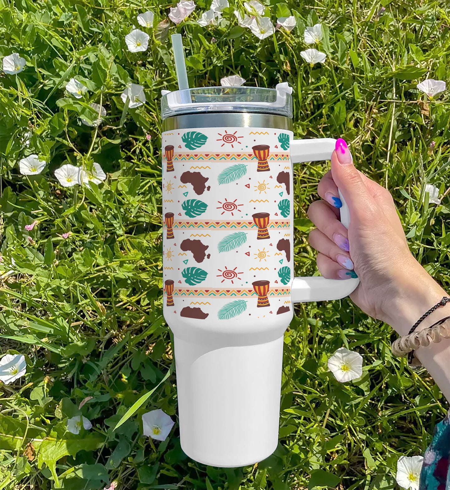 Flat african pattern design Printed 850ML with Lid Leak Proof Big Travel Tumbler with Handle and Straw