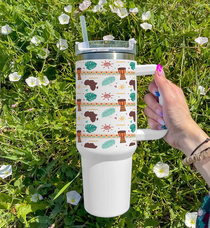 Flat african pattern design Printed 850ML with Lid Leak Proof Big Travel Tumbler with Handle and Straw