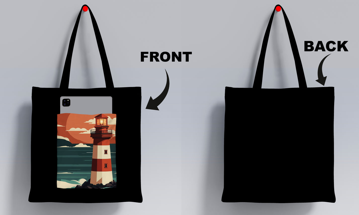 Lighthouse and sunset vector Design Printed Black Patch With Pocket Tote Bag (14 X 16 Inches) For Shopping, College, Travel
