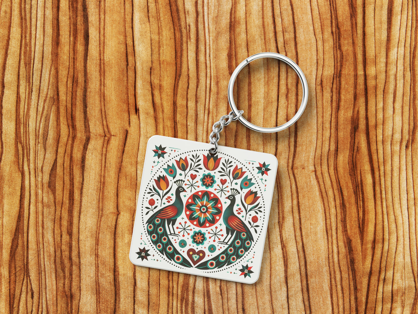 Pennsylvania Folk Art Pattern Printed 330 ml White Coffee Mug with Square Shape Wooden Keyring and Chain
