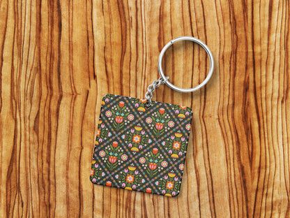Folk Art Flower Patterns Printed 330 ml White Coffee Mug with Square Shape Wooden Keyring and Chain