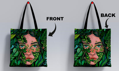 Nature and Girl Design Printed Black Handle Tote Bag (14 X 16 Inches) For Shopping, College, Travel