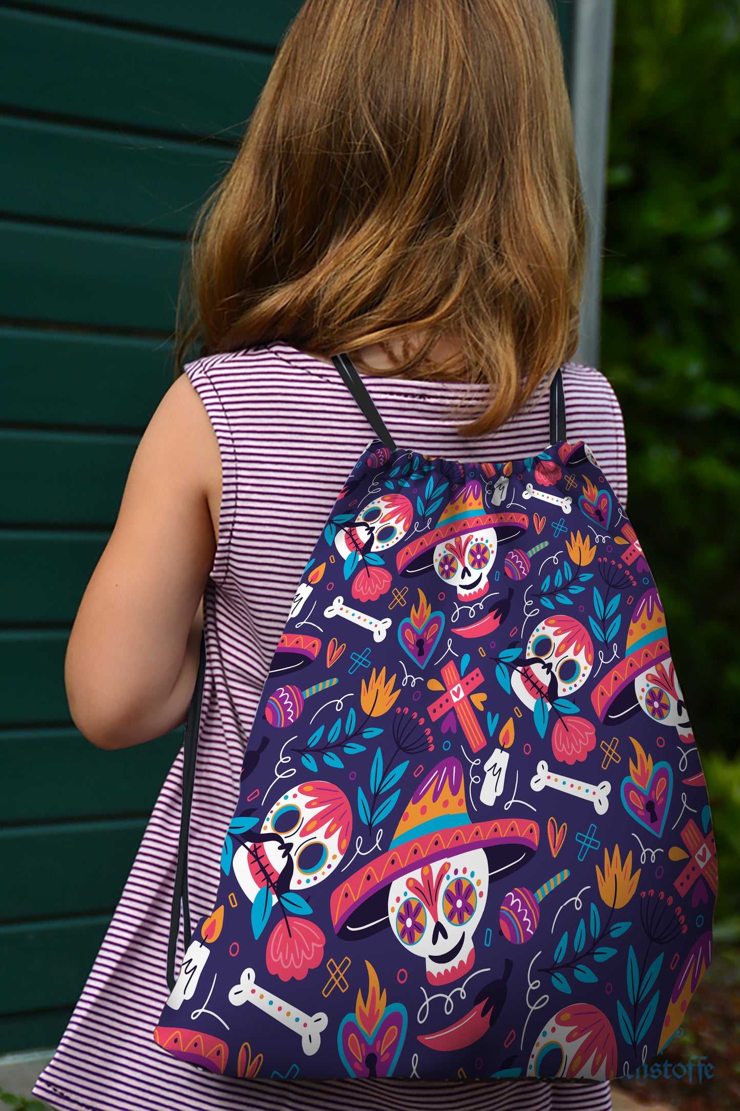 Hand Drawn Mexican Skull Pattern Polyester String Backpack Bags for kids for Gym, Yoga, Tuition ,Beach Bag for 4-10 year boys and girls