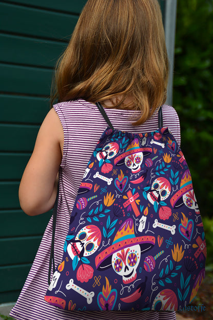 Hand Drawn Mexican Skull Pattern Polyester String Backpack Bags for kids for Gym, Yoga, Tuition ,Beach Bag for 4-10 year boys and girls