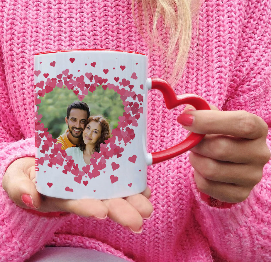 Couple Personalized Add Two Photos Red Heart Handle 330 ml Coffee Mug