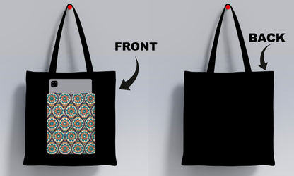 Ethnic mandala ornament illustration Design Printed Black Patch With Pocket Tote Bag (14 X 16 Inches) For Shopping, College, Travel