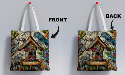 Birds and Feather madhubani art Printed Design White Tote Bag (14 X 16 Inches) For Shopping, College, Travel