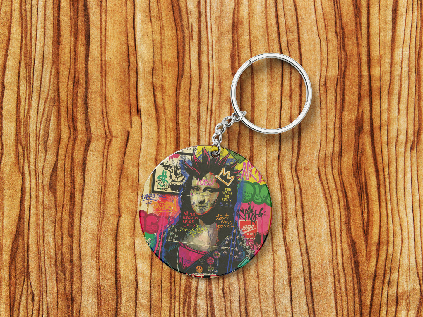 Mona Lisa pop Artwork Printed Round Circle Shape Wooden Keyring with Chain