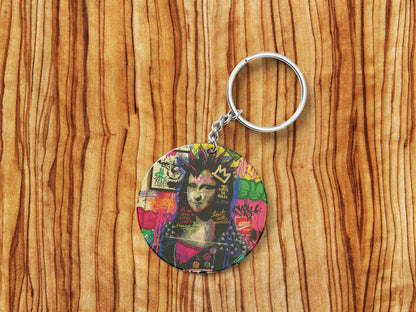Mona Lisa pop Artwork Printed Round Circle Shape Wooden Keyring with Chain