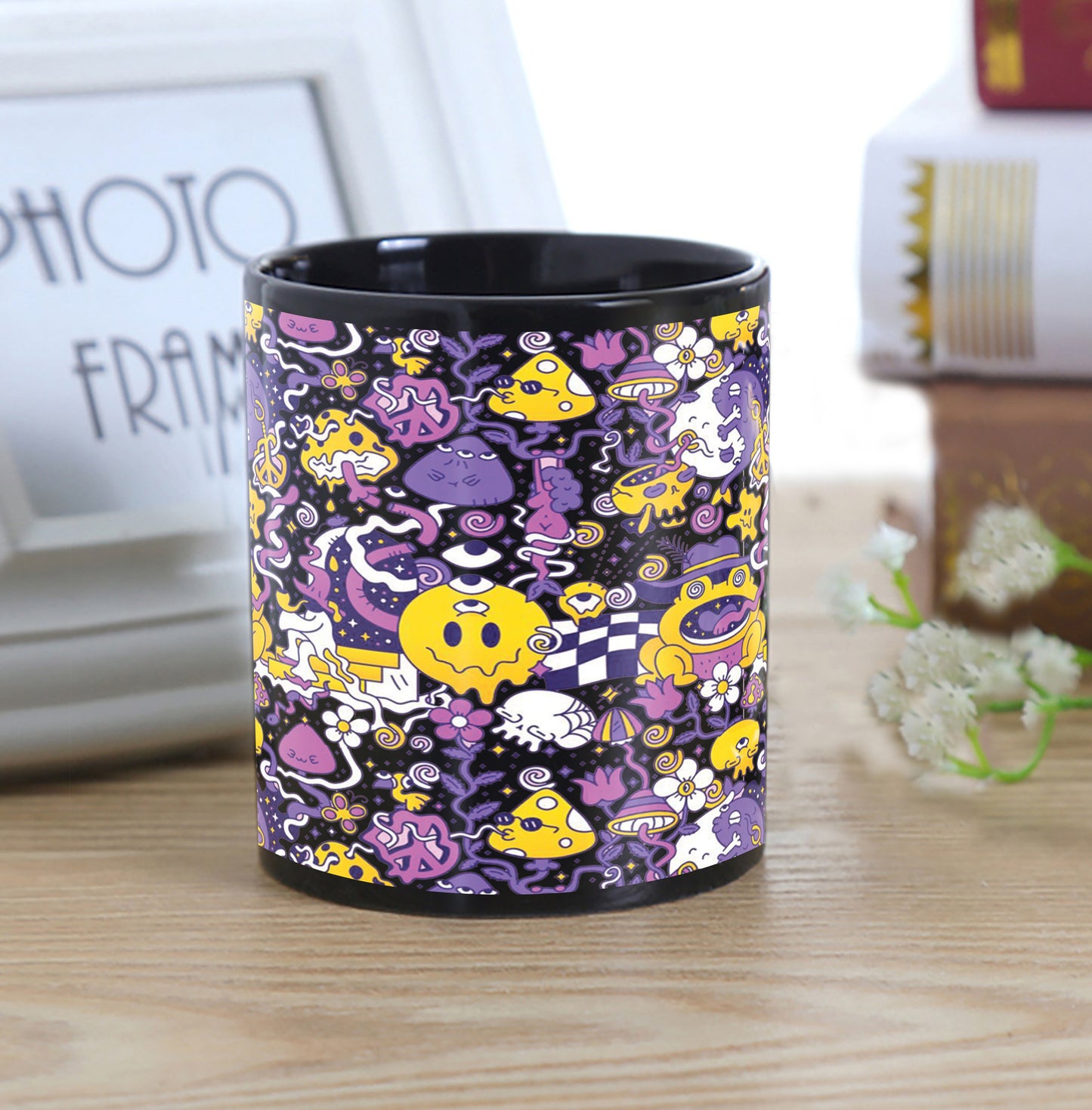 Trippy pattern Design Full Black 330 ml Coffee Mug with Coaster