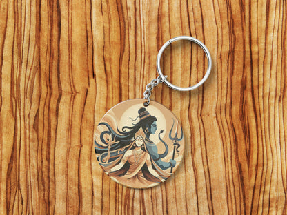 Maha Shivratri Lord Shiva Artwork, Mahadev illustration Printed Round Circle Shape Wooden Keyring with Chain