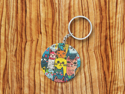 Colorful cat doodle art Printed Round Circle Shape Wooden Keyring with Chain