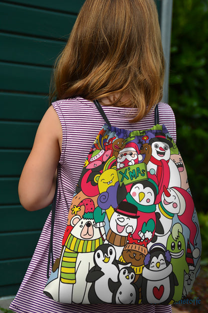 Hand Drawn Christmas Doodle Art Polyester String Backpack Bags for kids for Gym, Yoga, Tuition ,Beach Bag for 4-10 year boys and girls