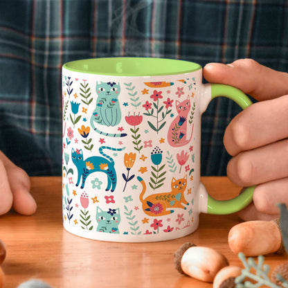 Vector seamless pattern with flowers and cats Cute Flower Cats in cartoon style Light Green Handle 330 ml Coffee Mug