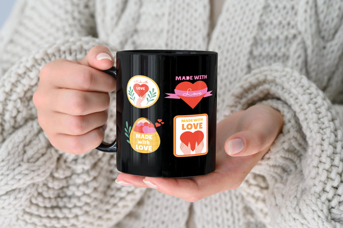 Hand drawn made with love floral label design Full Black 330 ml Coffee Mug
