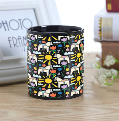 Folk Art Design Full Black 330 ml Coffee Mug with Coaster