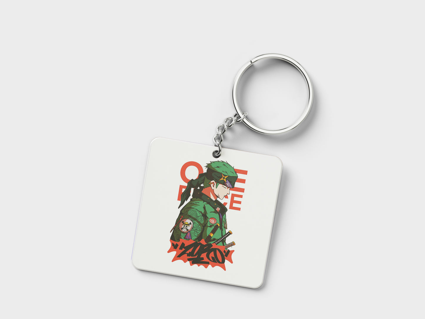 ZORO One Piece Streetwear_ Essential Printed Square Shape Wooden Keyring with Chain