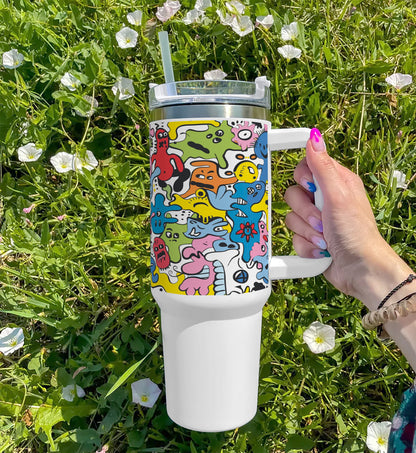 Hand drawn doodle pattern abstract design Printed 850ML with Lid Leak Proof  Big Travel Tumbler with Handle and Straw