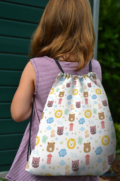 Animals with Words Pattern Polyester String Backpack Bags for kids for Gym, Yoga, Tuition ,Beach Bag for 4-10 year boys and girls
