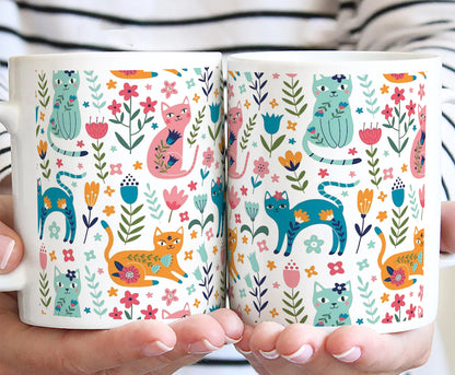 Vector seamless pattern with flowers and cats Cute Flower  White 330 ml Coffee Mug
