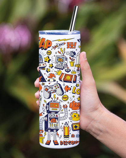 Game city colorful doodle art Printed 750ML with Lid Leak Proof Travel Tumbler with Straw