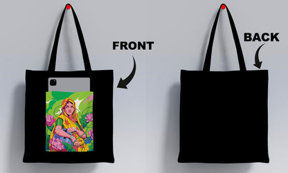 Vibrant Digital illustrations Design Printed Black Patch With Pocket Tote Bag (14 X 16 Inches) For Shopping, College, Travel
