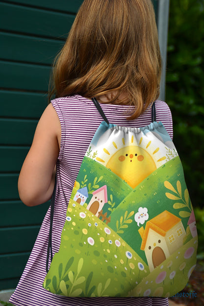 Sun and Mountains Pattern Polyester String Backpack Bags for kids for Gym, Yoga, Tuition ,Beach Bag for 4-10 year boys and girls