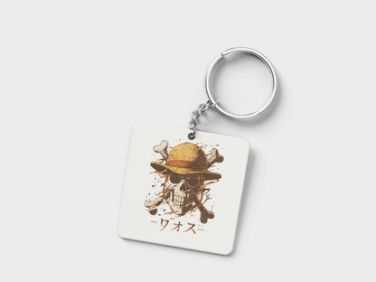 Skull straw hat One Piece Printed Square Shape Wooden Keyring with Chain