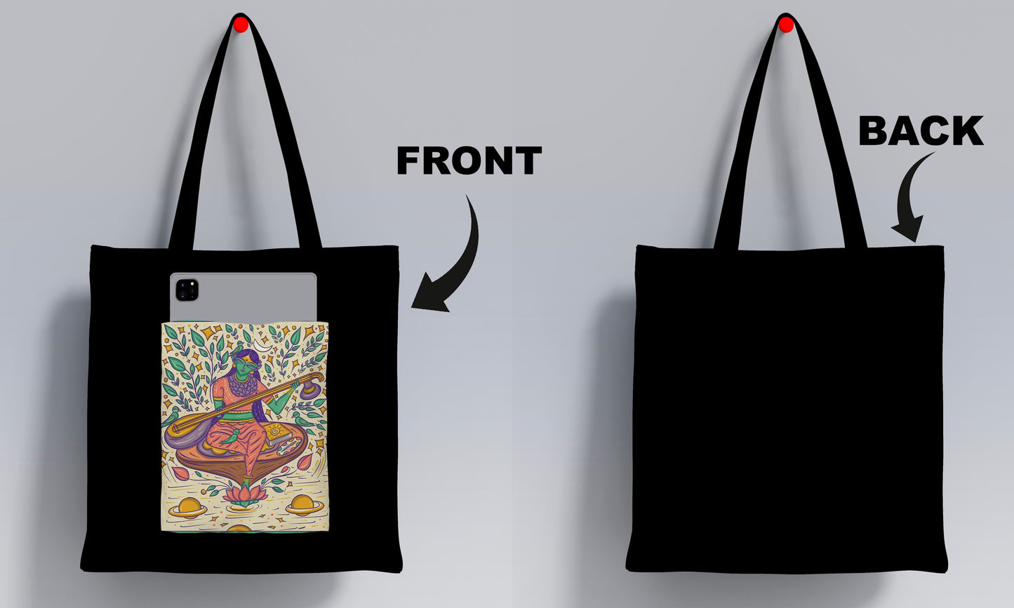 Indian Bengal Folk Art Design Printed Black Patch With Pocket Tote Bag (14 X 16 Inches) For Shopping, College, Travel