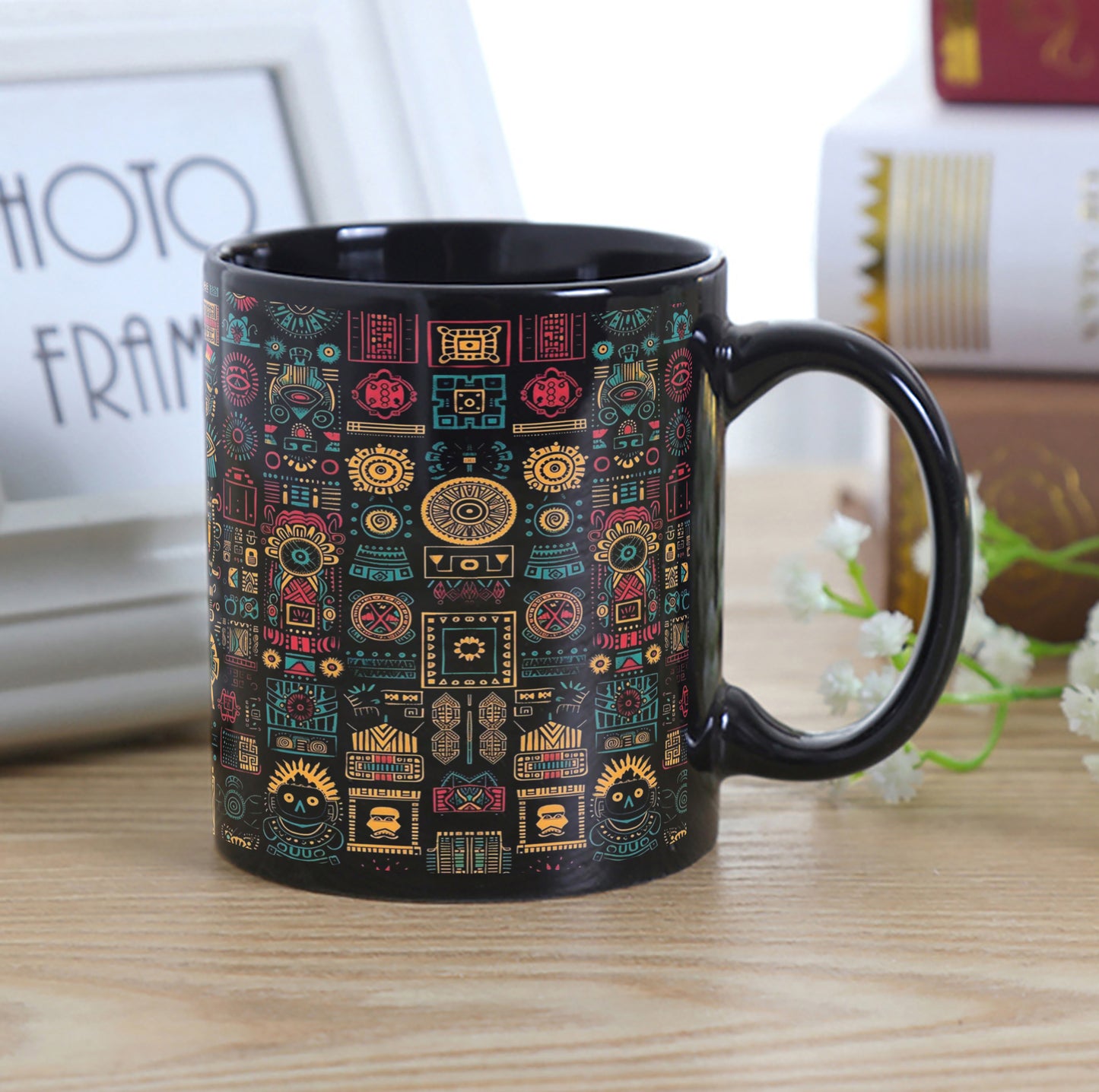 Aztec Wheel Pattern Combo Mugs and Coaster(Set of 2 Mugs and 2 coasters) 330 ml Full Black Coffee Mug