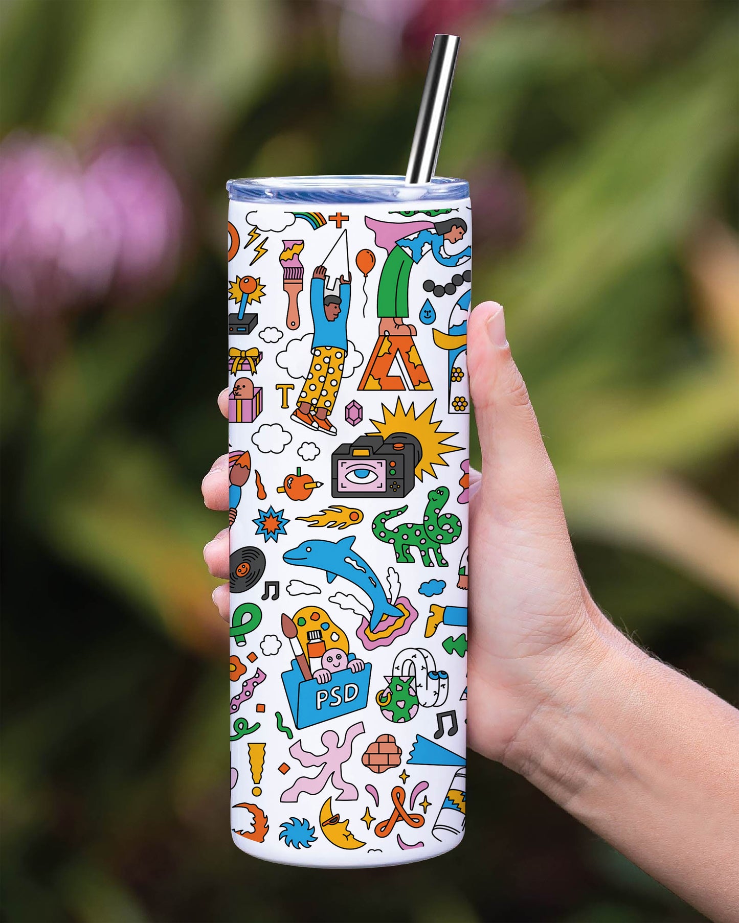 Colorful Hand drawing Doodle art Printed 750ML with Lid Leak Proof Travel Tumbler with Straw