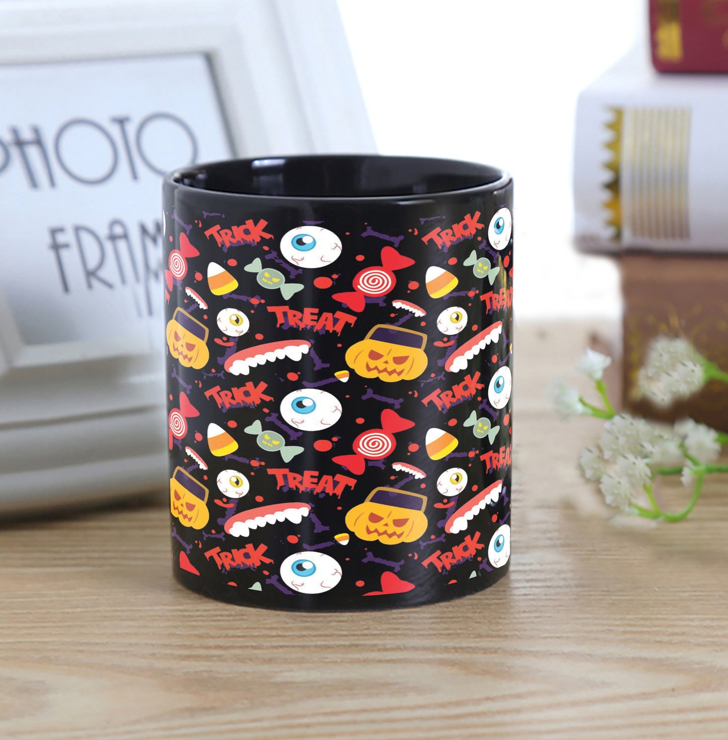Halloween Pumpkins Pattern Design Full Black 330 ml Coffee Mug with Coaster