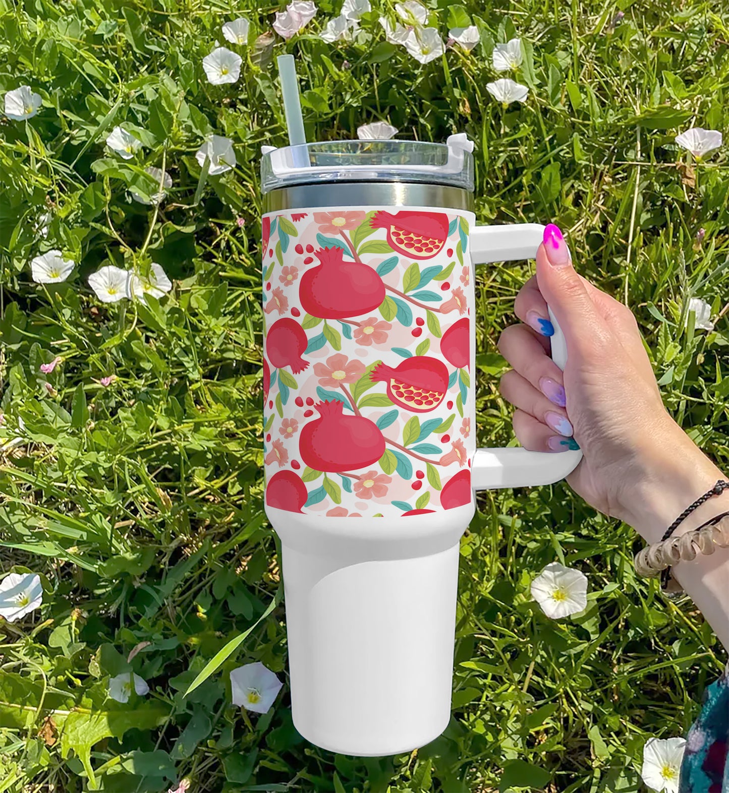Hand drawn fruit and floral design pattern Printed 850ML with Lid Leak Proof Big Travel Tumbler with Handle and Straw