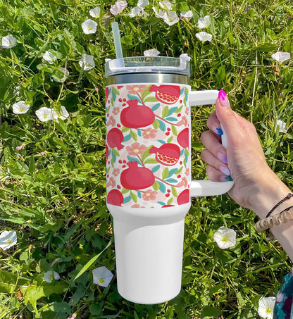 Hand drawn fruit and floral design pattern Printed 850ML with Lid Leak Proof Big Travel Tumbler with Handle and Straw