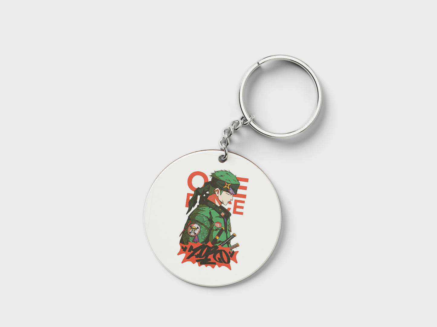ZORO One Piece Streetwear Essential Design Printed Circle Shape Wooden Keyring with Chain